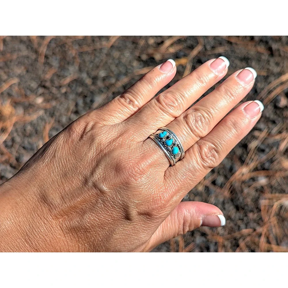Native American 3-Stone Band Turquoise Ring Sterling Silver Jewelry Sz 10.25US**